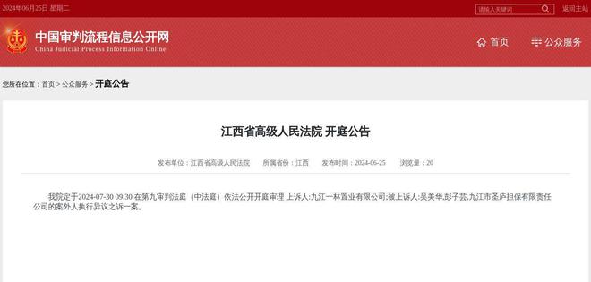 九江市圣廬擔保有限責任公司因案外人執行異議之訴案件被告，2024年7月30日在江西省高級人民法院開庭